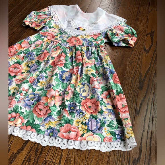 Youngland Vintage Girls 8 A-Line Floral Short-Sleeve Midi Dress w/Bow & Collar - Picture 3 of 12